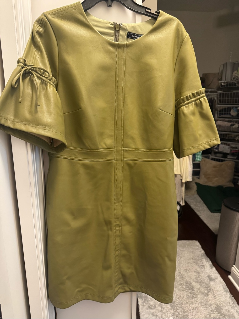 BCBGMaxazria Faux Leather Olive Green Short Sleeve Dress